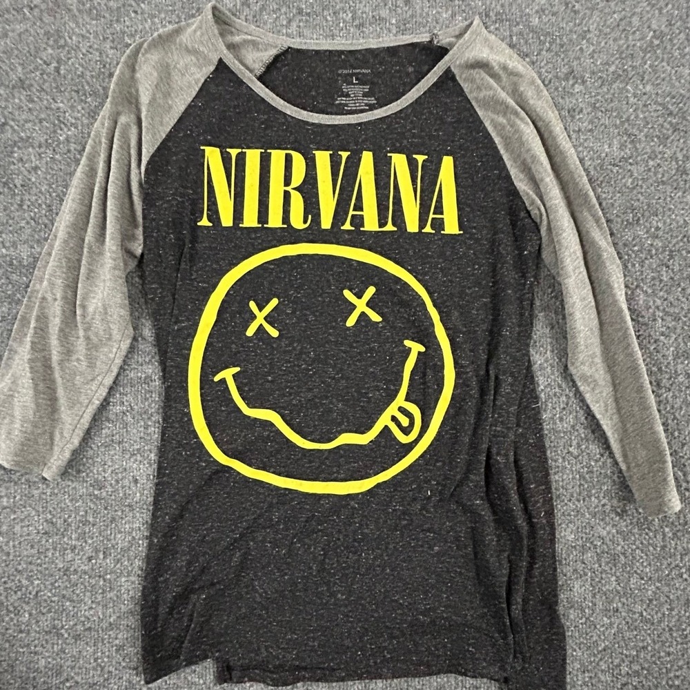 Nirvana Baseball Tee Womens Size L Black Linen Blend Raglan Sleeve Graphic Shirt